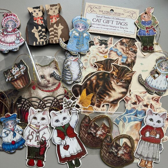 Vintage 1980s Cat Christmas Ornaments Gift Tags Set Kitty Cucumber Merrimack - Picture 2 of 6
